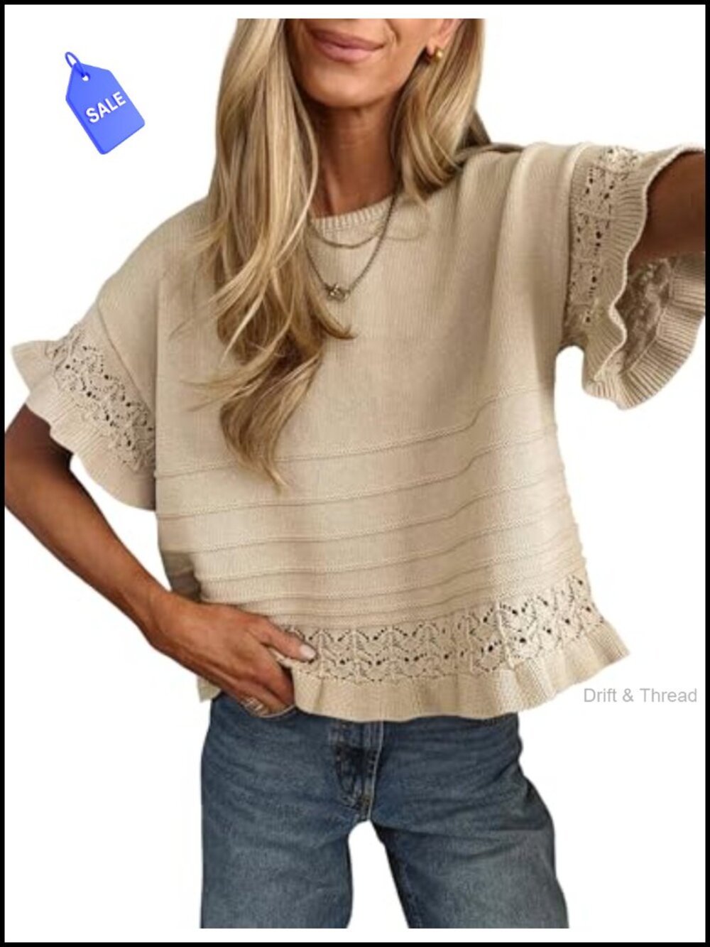 Womens Short Sleeve Ruffle Hem Knit Crochet Pullover Sweater